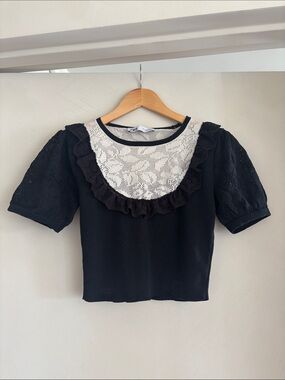 Zara Black Crop Top with White Lace Bib and Ruffle